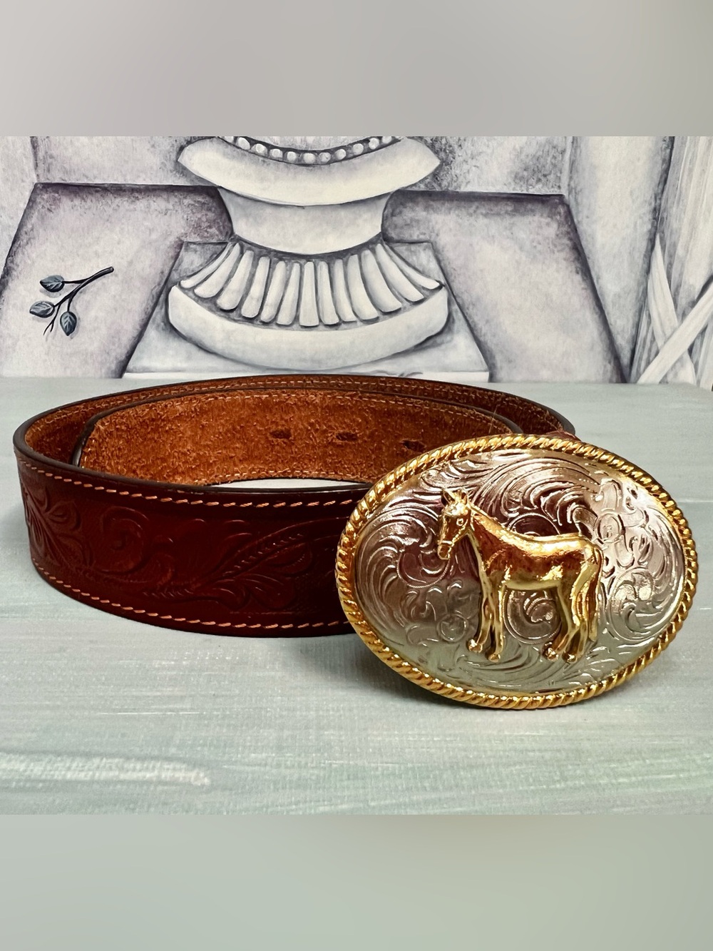 Badger Brown Leather Western Belt - Tooled -Embossed